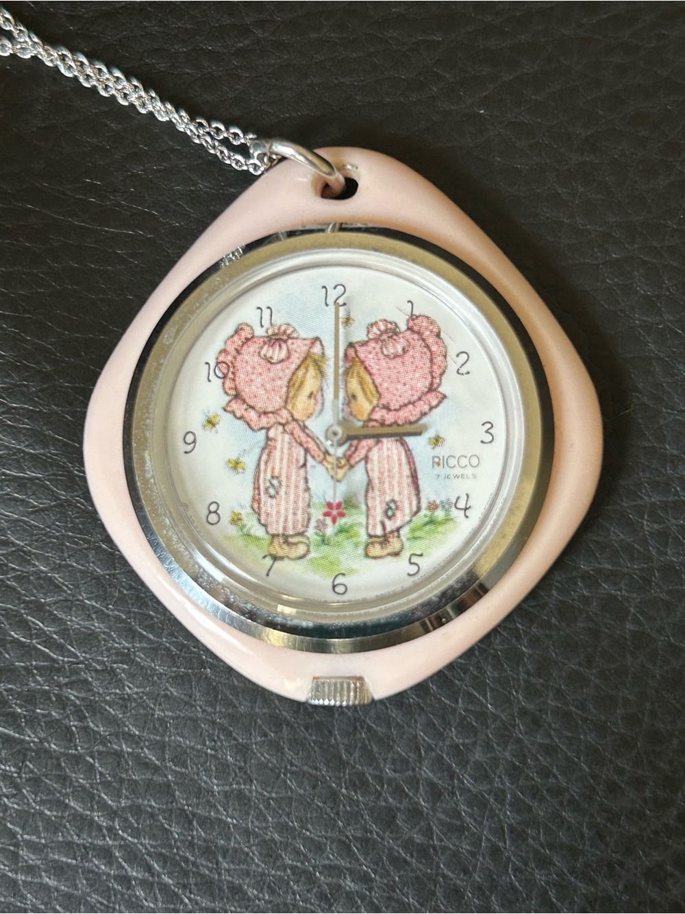 Vintage 1972 Betsey Clark Picco Pink Pendant Watch Necklace Retro Hallmark